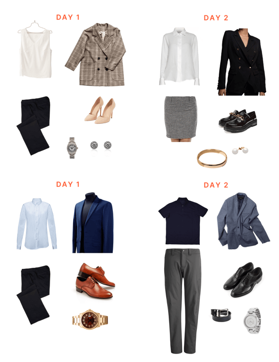 Four light blue bullet points with check marks state go to outfit pieces. Text next to the bullets state: black or grey slacks, white or light colored blouses, button own shirts, and grey, black, or navy blazers.