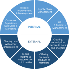 Donut chart in shades of blue breaking down both internal and external data monetization opportunities.