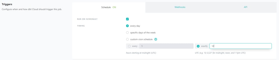 Screen shot of scheduling capabilities in dbt.