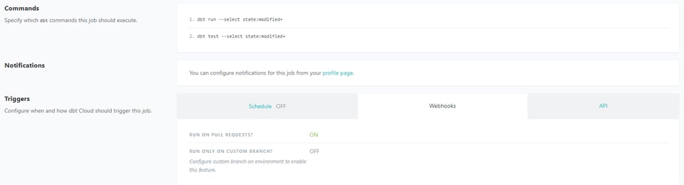 Screen shot of continuous integration job in dbt Cloud.