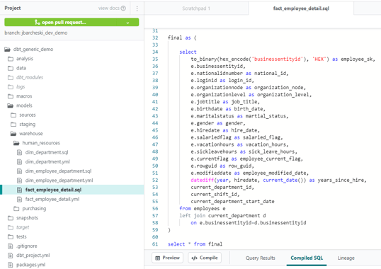 Screen shot of dbt Cloud user interface.