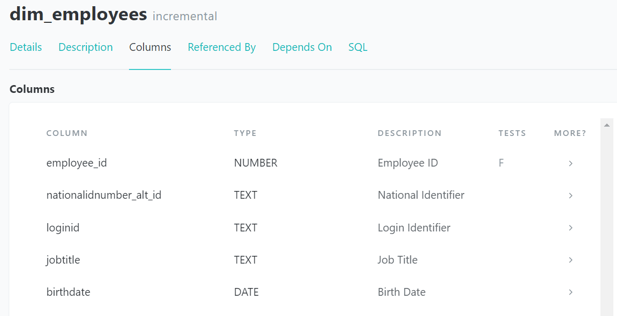 dbt data dictionary capabilities illustrated with column, type, description, tests, and more.