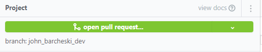 Screen shot of dbt Cloud’s Git interface with green bar illustrating open pull request.