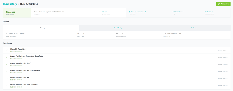 Screen shot of an example of a job orchestrating dbt models.