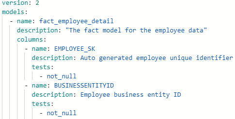 Screen shot of an example yaml file showing the simplicity to apply tests using dbt. 