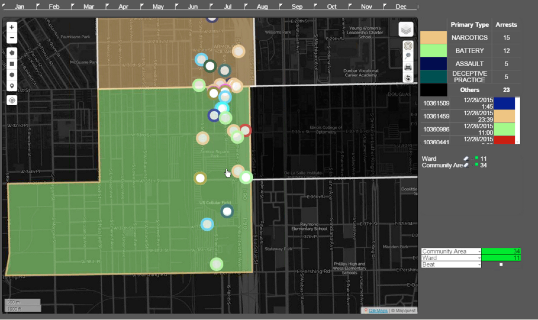 Drill down into territories to see specific crime data points